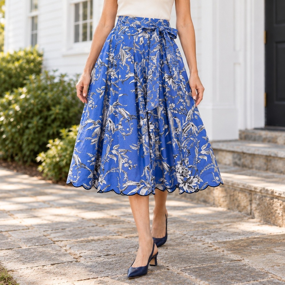 Talbots Etched Toile Skirt Size 4 Blue Floral Scalloped Fit Flare Midi Tie Waist